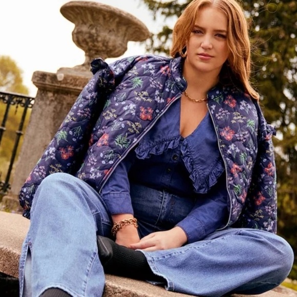 ELOQUII Elements Floral Quilted Puffer Bomber Jacket Ruffle Sleeve Size 26 / 28 - Picture 1 of 15